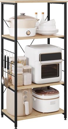 Woltu Woltu Scaffale Da Cucina, Carrello Di Servizio Con 4 Ripiani, Scaffale Per Microonde, Forno, Tostapane, Rovere Chiaro + Nero