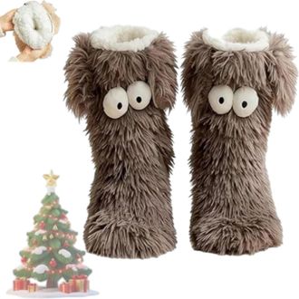 Generic Cozy Socks, Womens Winter Warm Fuzzy Non-Slip Slipper Socks with Cute Big Eyes, Thick Fleece Indoor Home Floor Socks (Brown) (C)