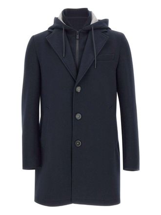 Manuel Ritz Navy Blue Wool Coat With Removable Bib And Adjustable Hood