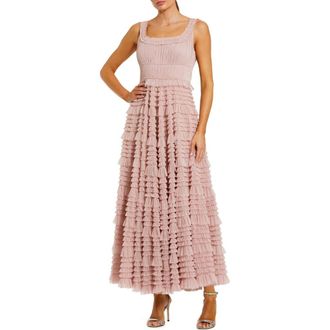 Mac Duggal Micro Ruffle Sleeveless Scoop Neck Tiered Maxi Dress in Rose at Nordstrom, Size 10