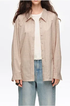 Bimba & Lola Checked Oversize Low-Cut Shirt in Sand at Nordstrom, Size Xx-Small