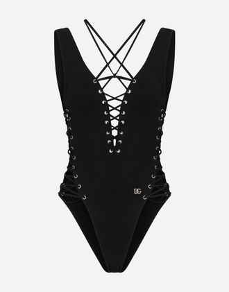 Dolce & Gabbana One-piece Swimsuit With Plunging Neckline And Lacing And Eyelets - Woman Swimwear Black Fabric 1