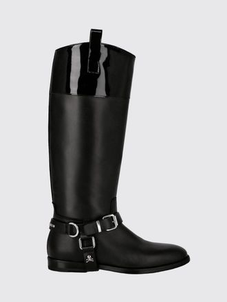 Philipp Plein Slip-On Smooth Leather Knee-High Boots with Applied Logo