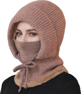 Generic Winter Hat Scarf Set for Women Knit Balaclava Ski Mask with Face Mask, Warm Fleece Lined Beanie Hat Pom Pom Bouble Adjustable Drawstring Windproof Hoo