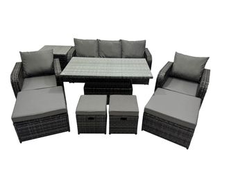 Fimous Rattan Garden Furniture Dining Set with Side Table 2 Big Footstool in Dark Grey