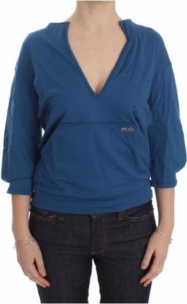 Exte Elegante blauwe V-hals trui - Dames - Longsleeves - Blauw - XS - Katoen - Tops
