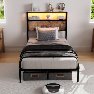 Matteo Single Metal Bed Frame with RGB LED Lights, Storage Headboard, Black