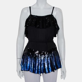 Anna Sui Black Sequin Embellished Silk Pleated Detail Belted Top