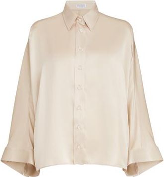 Brunello Cucinelli Stretch silk satin shirt in Sand at Nordstrom, Size Xx-Large Eu