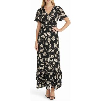 Maggy London Flutter Sleeve Tiered Ruffle Maxi Dress in Black/Ivory at Nordstrom Rack, Size 10