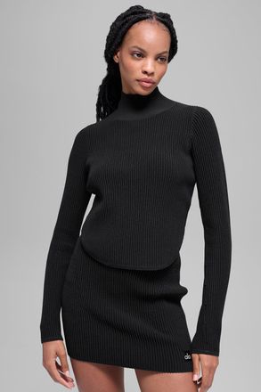 Alo | Denim Knit Backless Long Sleeve Top in Black/Anthracite, Size: Medium