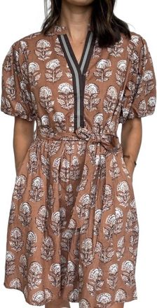 THML Clothing Puff Sleeve Floral Detailed V Neck Dress In Brown
