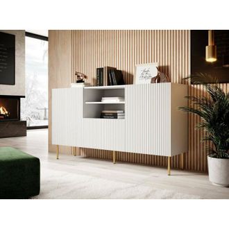 Dmora Aparador Stornara, Aparador De Sal&oacute;n Con Dos Puertas Batientes, Un Caj&oacute;n Y Dos Compartimentos Abiertos, Dise&ntilde;o Efecto Ca&ntilde;a, 150 X 42 H 82 Cm, Blanco