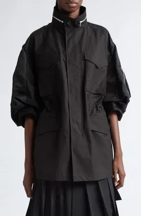 sacai Mixed Media Short Sleeve Jacket in Black at Nordstrom, Size 3