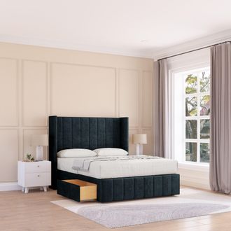 Sloomy Melbourne Naples Wingback Bed Set, 2 Drawers & 54 Floor Standing Headboard in Black | Size: Small Double