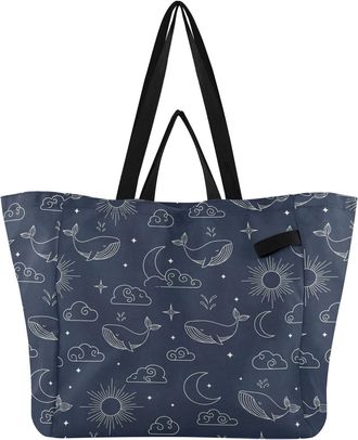 Generic Whales Clouds Blue print Reusable Canvas Tote Bag, Heavy Duty Grocery Shopping Bag with Large Capacity Double Handles Hard Bottom Work Groceries Trave