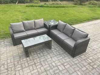 Fimous 6 Seater Outdoor Rattan Garden Furniture Set with Patio Lounge Sofa Set with Rectangular Coffee Table Side Table in Dark Grey