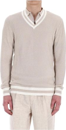 Eleventy Geribbelde trui met V-hals - Heren - V-hals truien - Beige - L - Katoen - Truien & Vesten