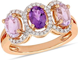 Amour 1 5/8 CT TGW Oval-cut African-amethyst & Rose De France and 1/5 CT TW Diamond 3-sTone Halo Ring In Rose Plated Sterling Silver