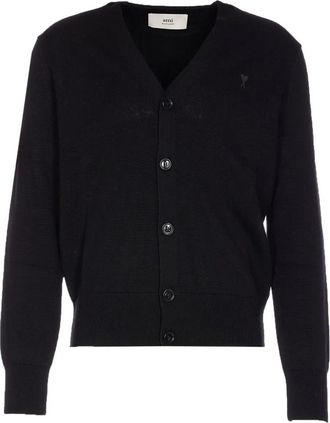 Ami Black V-Neck Embroidered Emblem Wool Cardigan