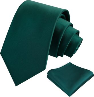 Alizeal Mens 8cm Solid Color Necktie and Hanky Classic Business Formal Tie with Pocket Square Set, Dark Green