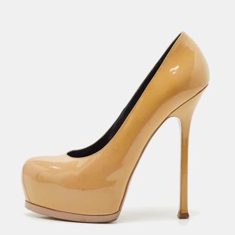 Saint Laurent Tribtoo Size 38.5 Beige Patent Leather Platform Pumps