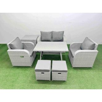 Fimous Light Grey pe Wicker Rattan Garden Furniture Set Sofa Set Reclining Chair Love Sofa Rectangular Dining Table 2 Small Stools 2 Side Tables - Fimous
