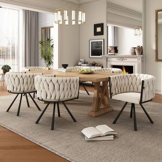 Merax Set of 6 Velvet Swivel Dining Chair with Metal Legs in Beige