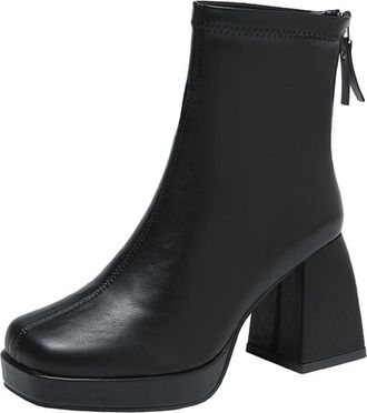 Generic Womens Platform Ankle Boots Ladies Soft Mid Low Block Heel Chunky Chelsea Booties Back Zipper Fashion Short Boots Winter Cream Faux Leather Boot