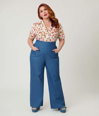 Unique Vintage Plus Size 1940s Ginger Wide Leg Pants in Blue Chambray at Nordstrom, Size 2X