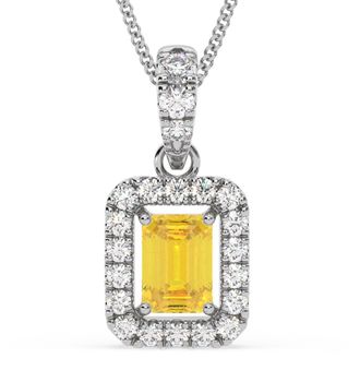 The Diamond Store Annabelle Yellow Lab Diamond Emerald Cut Halo Necklace 1.38ct in 18K White Gold - Elara Collection