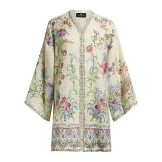 Etro Etro, Kimonos, female, Multicolor, Size: ONE SIZE Cotton-blend Basketweave Kesa with Flora and Fauna Motif