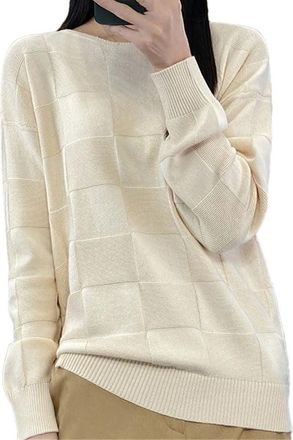 Generic Women Cotton Soft Sweater Round Collar Square Pattern Pullover Loose Knitwear Casual Top Beige XXL(70-80kg)