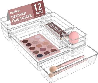 OEM Juego De 12 Organizadores De Cajones, De Pl&aacute;stico Transparente, En 4 Tama&ntilde;os Diferentes Para Ba&ntilde;o, Tocador, Cocina Y Oficina