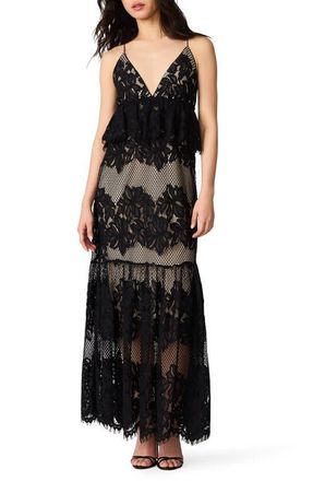 Steve Madden Annette Lace Embroidered Tiered Maxi Peplum Dress in Black at Nordstrom, Size 10