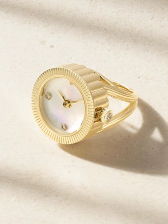 Yvonne L&eacute;on Anello Orologio In Oro 9 Carati Con Madreperla E Diamante