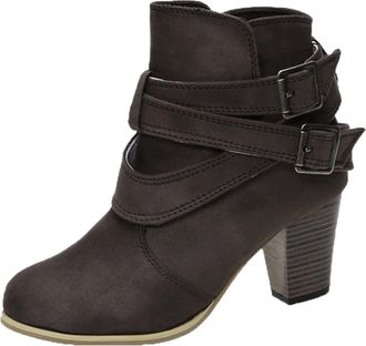 Generic Womens Block Heel Ankle Boots, Faux Suede Cross Strap Buckle Booties with Side Zipper, Comfortable Fit and Retro Design, Ideal for Theatre Evenings or