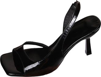 Generic Black Black High Heel Sandals with Square Toe and Patent Finish for A Sleek and Stylish Warm Weather Look