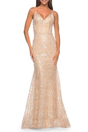 La Femme Print Sequin Mermaid Dress with Lace Up Back in Nude at Nordstrom, Size 12