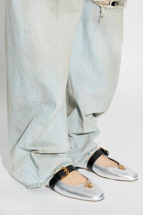 Versace Leather Ballerinas With Medusa Head, Womens, Silver