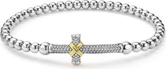 Lagos Signature Caviar Cross Bead Stretch Bracelet in Silver at Nordstrom, Size 7