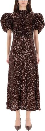 Rotate Sequin Pofmouwm Zwart Met Ronde Hals Midi Jurk - Dames - Feestkleedjes - Bruin - XS - Polyester - Kleedjes