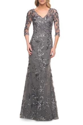 La Femme Exquisite Lace Beaded Long GOwn with Sheer Sleeves in Gunmetal at Nordstrom, Size 10