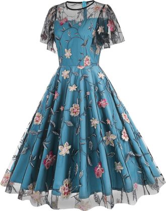 Generic Dress with Sleeves Womens Round Neck Waist Mesh Retro Floral Embroidered Dress Dress Cocktail Dress Long Lace Dresses for Women Plus Size (Blue, M)