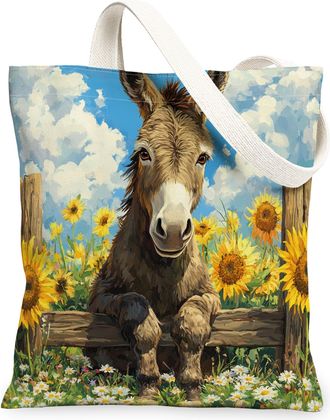 Generic Spring Donkey Canvas Tote Bag for Shopping 13x15, Sunflower Fence Animal Reusable Grocery Print Bag for Women, Fun Farmhouse Scenic Beach Aesthetic Pa