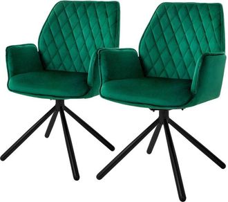 ML Design Ml-design - Set 2x Sillas De Comedor Con Respaldo Y Reposabrazos Asiento Verde Oscuro Tapizado Con Funda De Terciopelo Patas De Metal Sill&oacute;n Giratorio