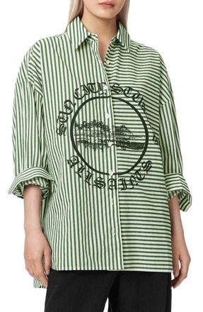 AllSaints Adrianne Stripe Graphic Print Ramie Button-Up Shirt in Apple Green/White at Nordstrom, Size 10 Us