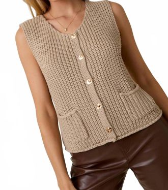 Le Lis Blanc Deux Relaxed Button Down Chunky Sweater Vest In Taupe