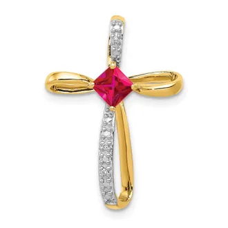 Diamond2Deal 14k Yellow Gold 4mm Square Lab Created Ruby and Diamond Cross Slide Pendant