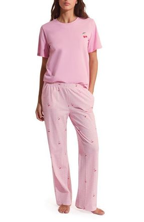 Etam Bonnie Cherry Print Cotton Pajama Top & Pants Set in Candy-Pink at Nordstrom, Size X-Large
